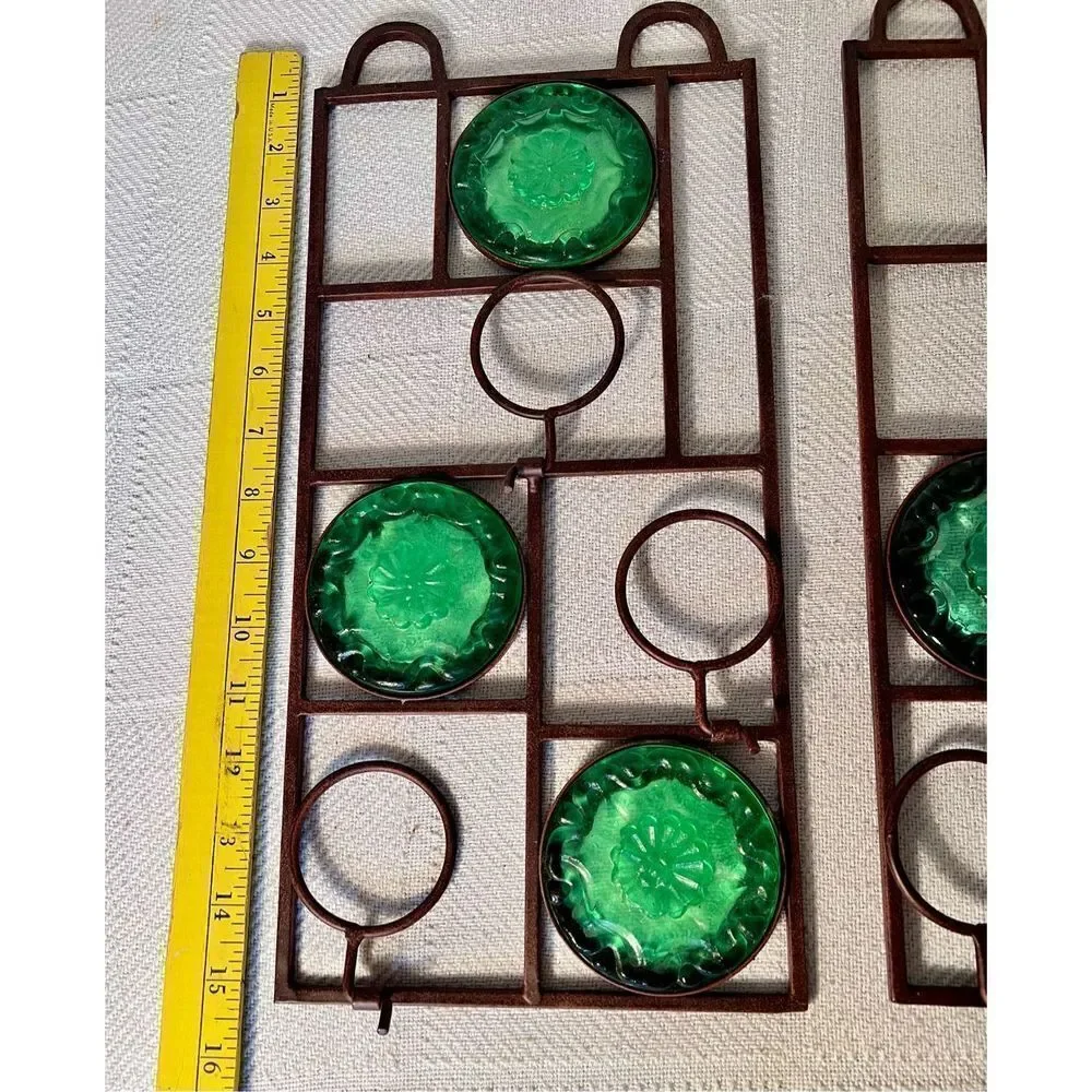 Vintage Wall Hanging Metal 3 Light Votive Candle Holder Green Glass 16” - Picture 7 of 8